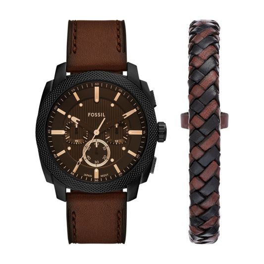 Fossil 44mm Machine Chronograph Brown Leather Watch and Bracelet Set