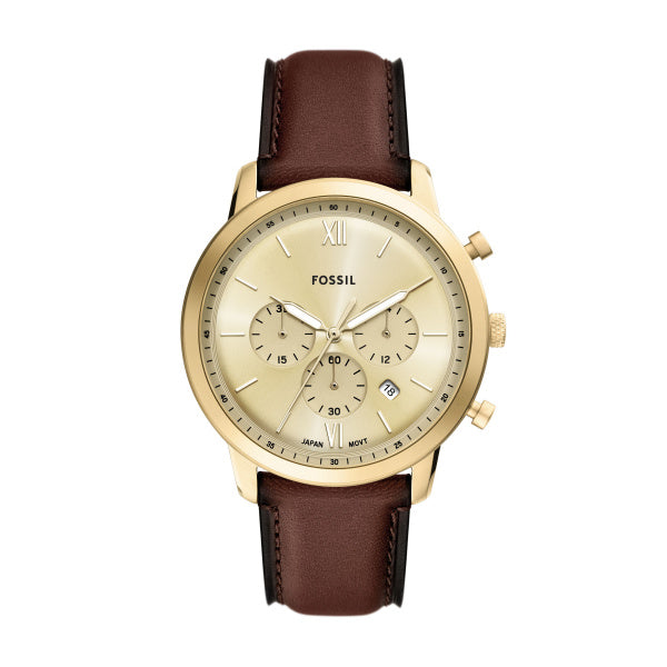 Fossil 44mm Neutra Chronograph Gold-Tone Dial Brown Leather Strap Watch