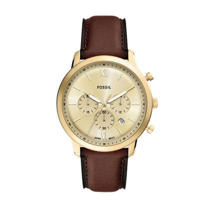 Fossil 44mm Neutra Chronograph Gold-Tone Dial Brown Leather Strap Watch