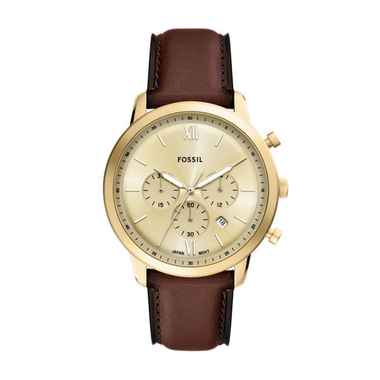 Fossil 44mm Neutra Chronograph Gold-Tone Dial Brown Leather Strap Watch