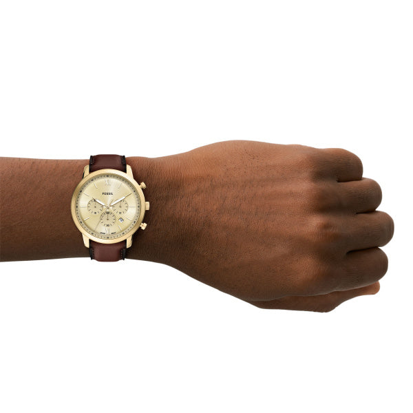 Fossil 44mm Neutra Chronograph Gold-Tone Dial Brown Leather Strap Watch