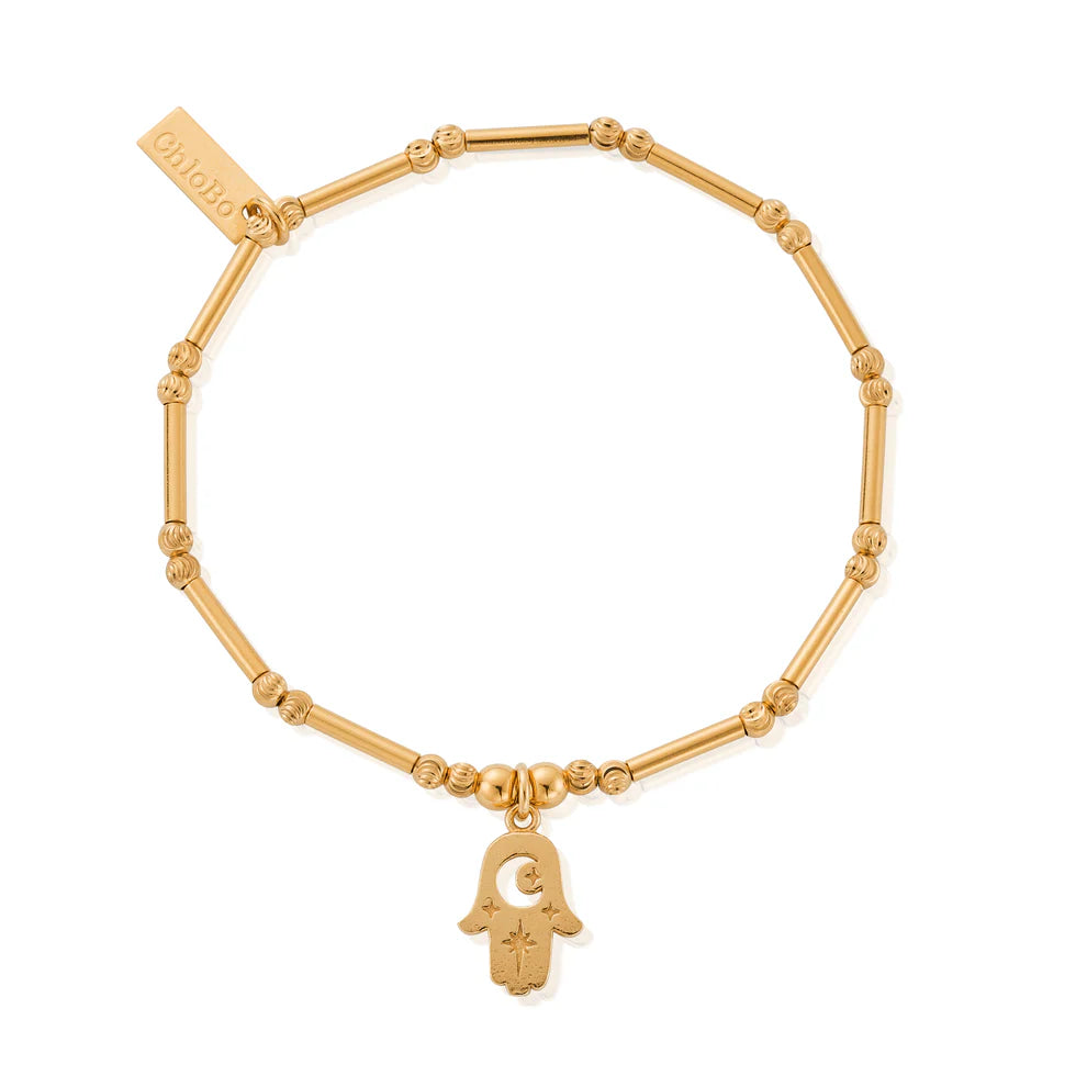 ChloBo Yellow Gold Plated Dainty Moon Cut Sparkle Hamsa Bracelet