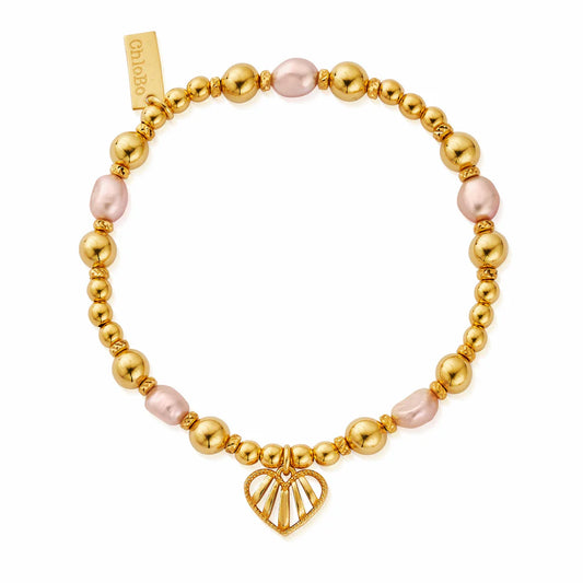 ChloBo Gold Plated Loving Heart Pink Pearl Bracelet