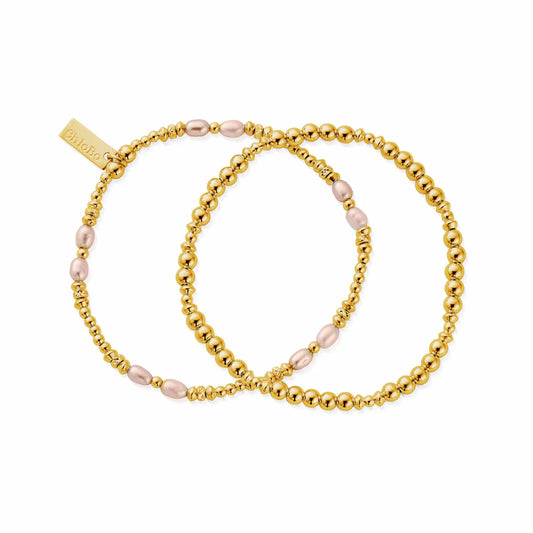 ChloBo Gold Plated Pink Pearl Set Of 2 Bracelets