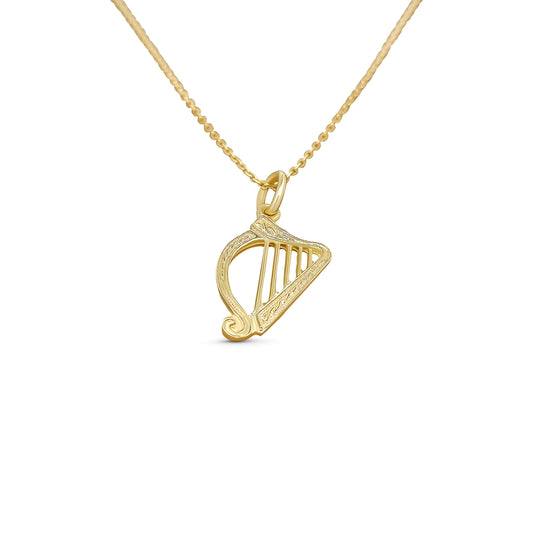 9ct Yellow Gold Irish Harp Pendant Necklace