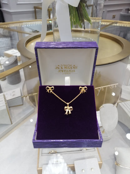 Sterling Silver Yellow Gold Plated Bow Stud Earrings & Bow Necklace Set