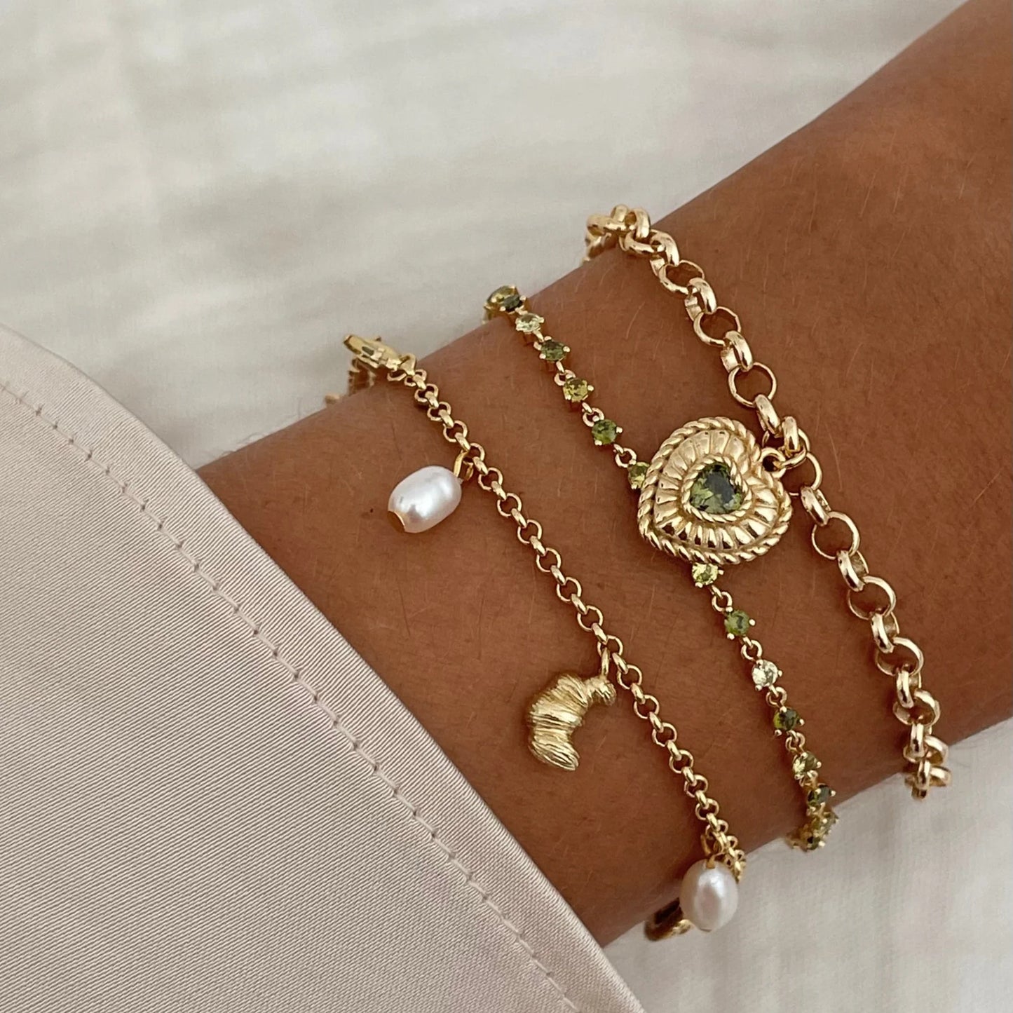 Sterling Silver Yellow Gold Plated CZ Pearl Croissant Charm Bracelet