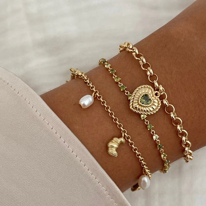 Sterling Silver Yellow Gold Plated CZ Pearl Croissant Charm Bracelet