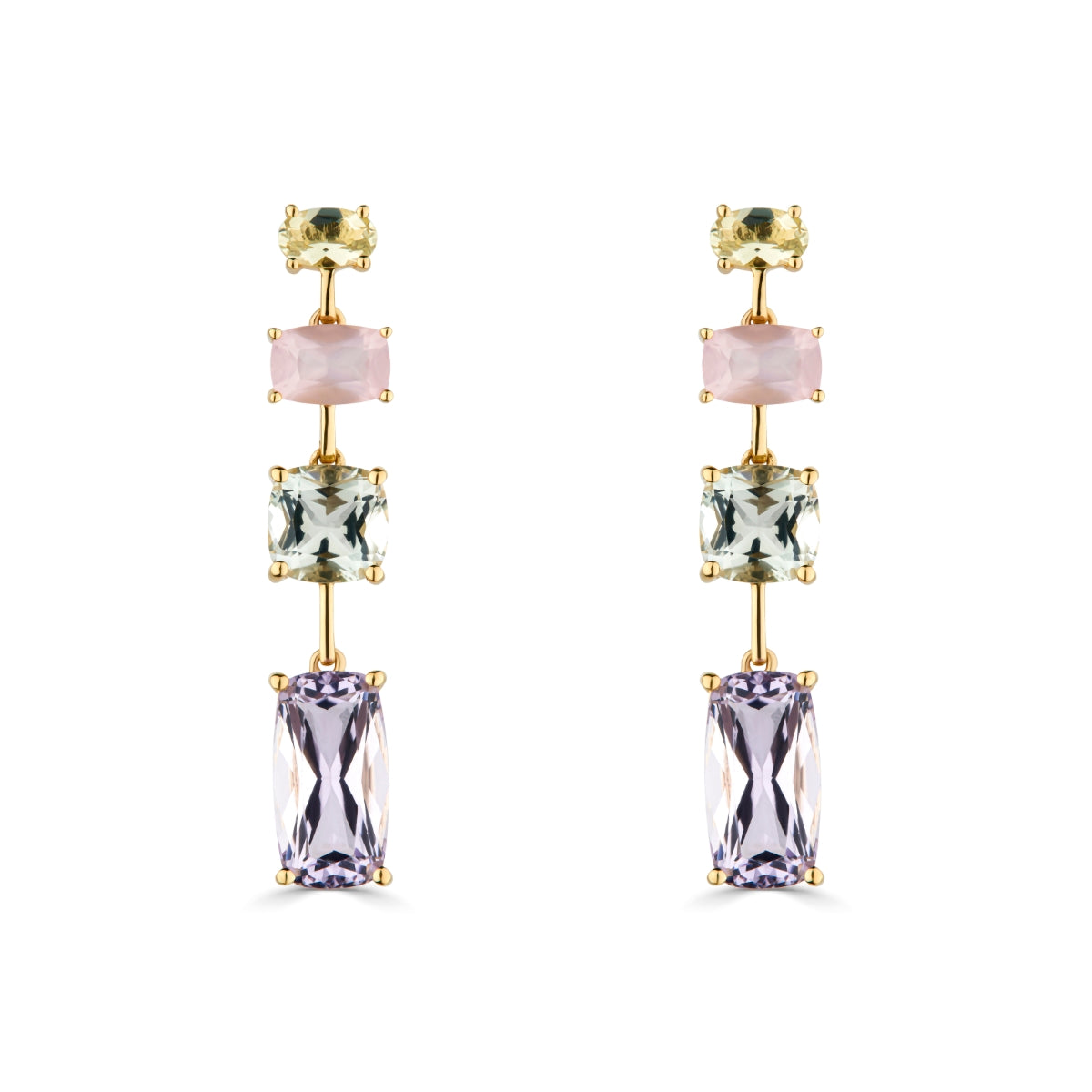 18ct Yellow Gold Amethyst, Rose & Lime Quartz Multi Drop Earrings