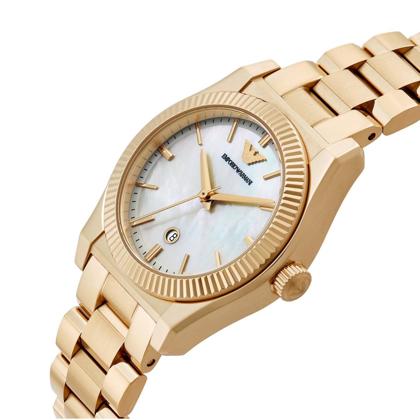 Emporio Armani 32mm Federica Gold Tone Mother of Pearl Link Watch