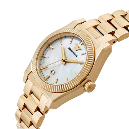 Emporio Armani 32mm Federica Gold Tone Mother of Pearl Link Watch