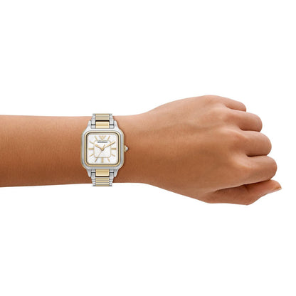 Emporio Armani 35mm Ladies Cecilia Mother of Pearl Dial Two Tone Yellow Gold & Silver Bracelet Watch