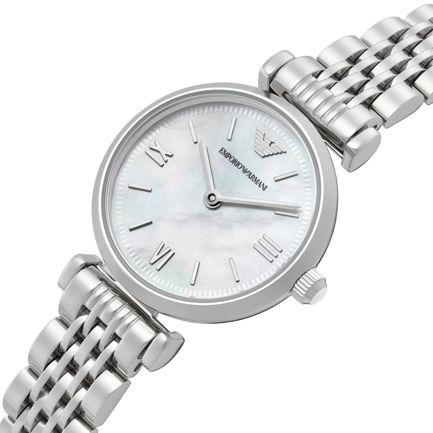 Emporio Armani 28mm Gianni T-Bar Silver Tone Mother of Pearl Dial Link Watch