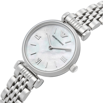 Emporio Armani 28mm Gianni T-Bar Silver Tone Mother of Pearl Dial Link Watch