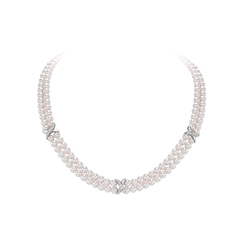 18ct White Gold Alternating Double Row Akoya Pearl & Diamond Necklace, 0.10ct