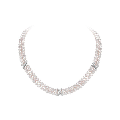 18ct White Gold Alternating Double Row Akoya Pearl & Diamond Necklace, 0.10ct