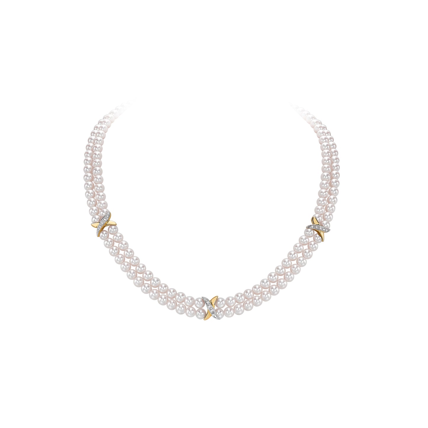 18ct Yellow & White Gold Alternating Double Row Akoya Pearl & Diamond Necklace, 0.10ct