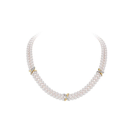 18ct Yellow & White Gold Alternating Double Row Akoya Pearl & Diamond Necklace, 0.10ct
