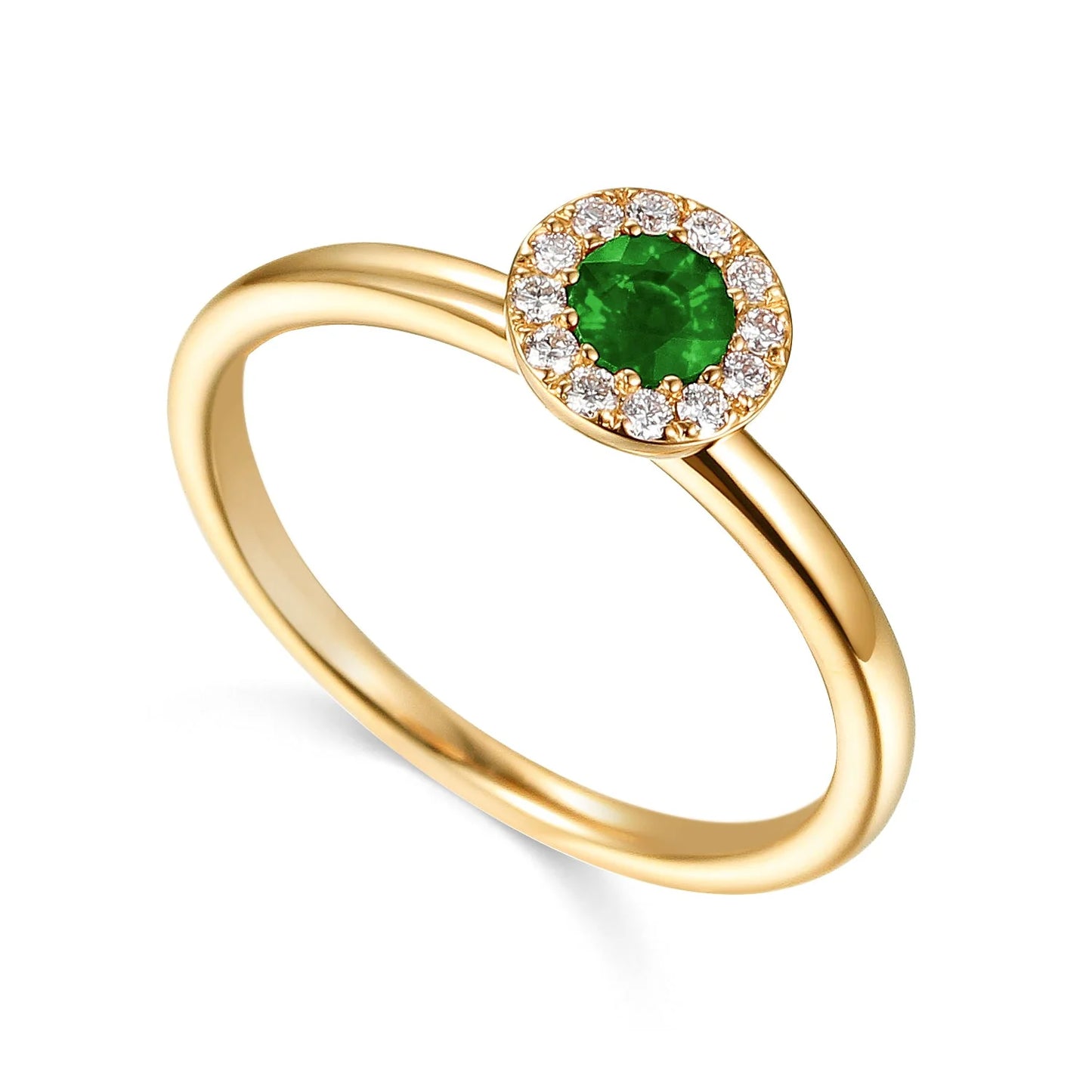 9ct Yellow Gold May Birthstone Emerald & Diamond Halo Ring