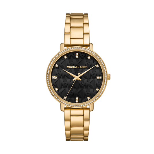 Michael Kors 39mm Ladies Pyper Black Dial Gold-Tone Stainless Steel Watch