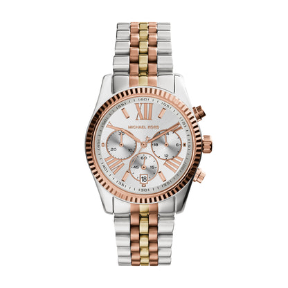 Michael Kors 38mm Ladies Lexington Silver & Rose Gold Tone Stainless Steel Bracelet Watch