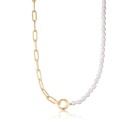 Ania Haie Yellow Gold Chunky Link & Pearl Necklace
