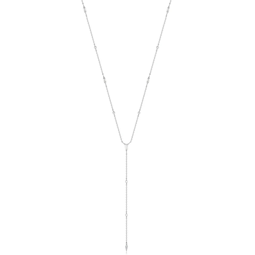 Ania Haie Rhodium Plated Silver Sparkle Point Y CZ Lariat Necklace