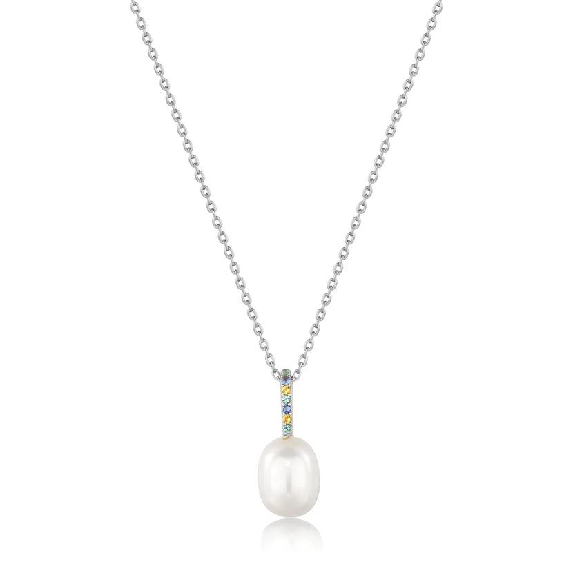 Ania Haie Rhodium Plated Silver Coloured Gem & Pearl Drop Necklace