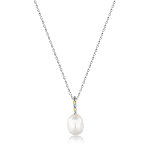 Ania Haie Rhodium Plated Silver Coloured Gem & Pearl Drop Necklace