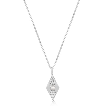 Ania Haie Rhodium Plated Silver Pearl Geometric CZ Necklace