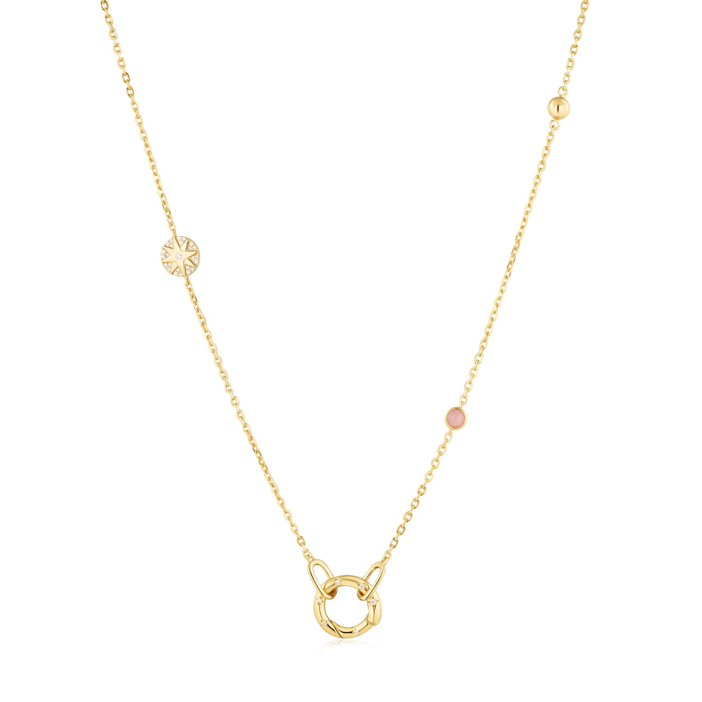 Ania Haie Yellow Gold Plated Rose Quartz Charm & Gold Orb CZ Necklace