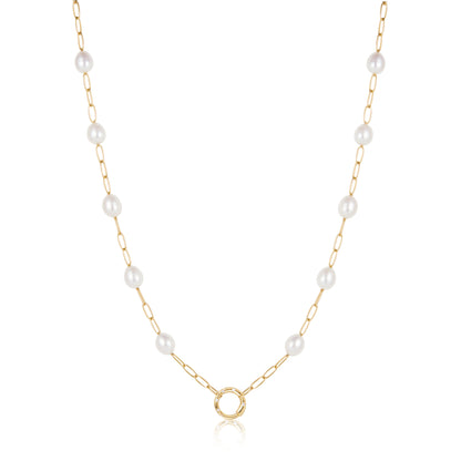 Ania Haie Yellow Gold Plate Chunky Link, Pearl & CZ Charm Clasp Necklace