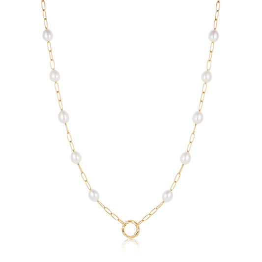 Ania Haie Yellow Gold Plate Chunky Link, Pearl & CZ Charm Clasp Necklace
