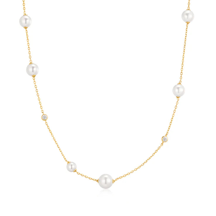 Ania Haie Yellow Gold Plate Asymmetric CZ & Shell Pearl Station Necklace
