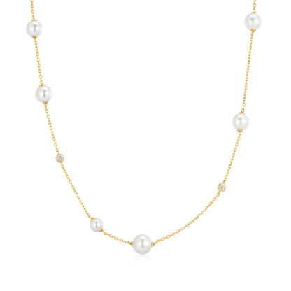Ania Haie Yellow Gold Plate Asymmetric CZ & Shell Pearl Station Necklace
