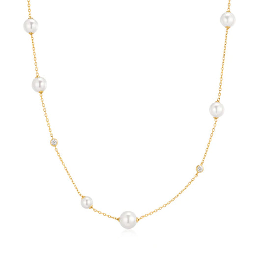 Ania Haie Yellow Gold Plate Asymmetric CZ & Shell Pearl Station Necklace