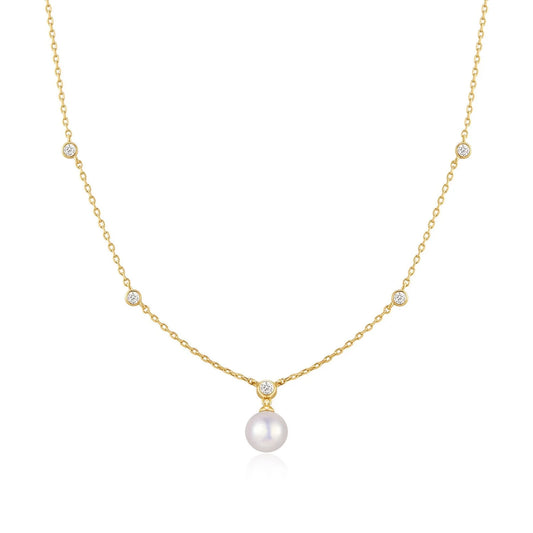 Ania Haie Yellow Gold Plate CZ Bezel Set Station & Shell Pearl Pendant Necklace