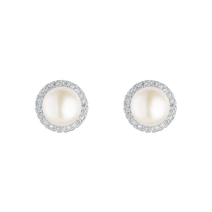 Silver CZ Halo Pearl Stud Earrings