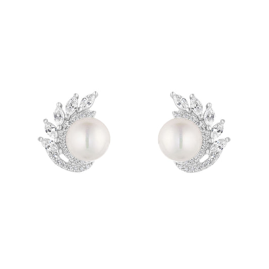 Sterling Silver Marquise CZ & Pearl Stud Earrings