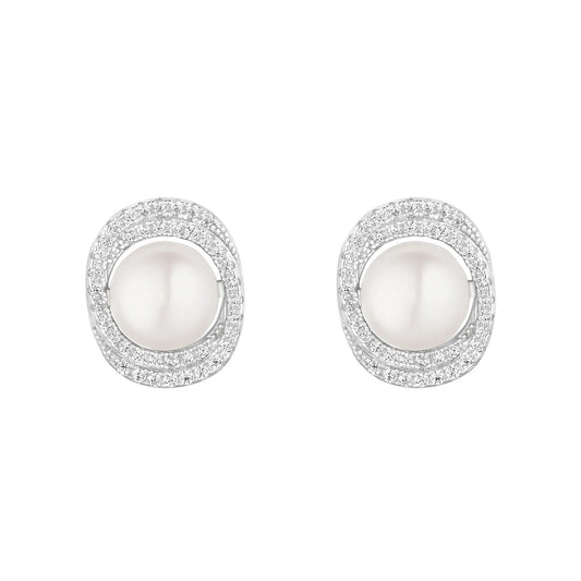 Sterling Silver Cubic Zirconia Wrap Pearl Stud Earrings