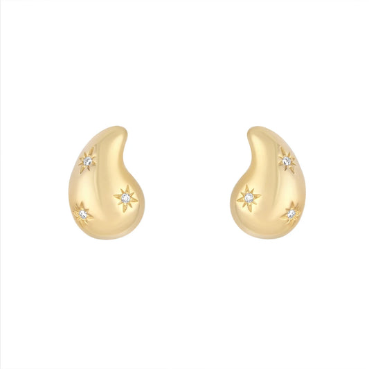 Yellow Gold Plated CZ Chunky Drop Curved Stud Earrings