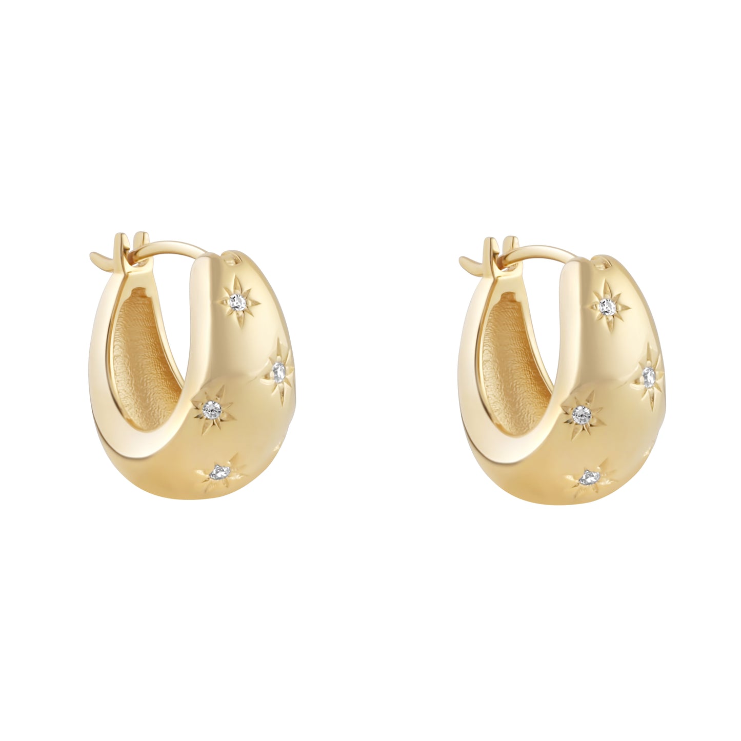 Yellow Gold Plate Scattered Stars CZ Chunky Hoop Earrings