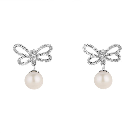 Sterling Silver CZ Bow & Pearl Drop Earrings