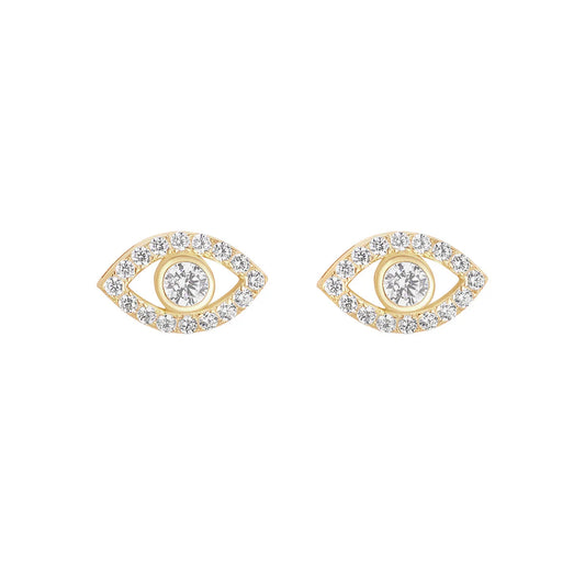 Sterling Silver Yellow Gold Plated Evil Eye CZ Stud Earrings