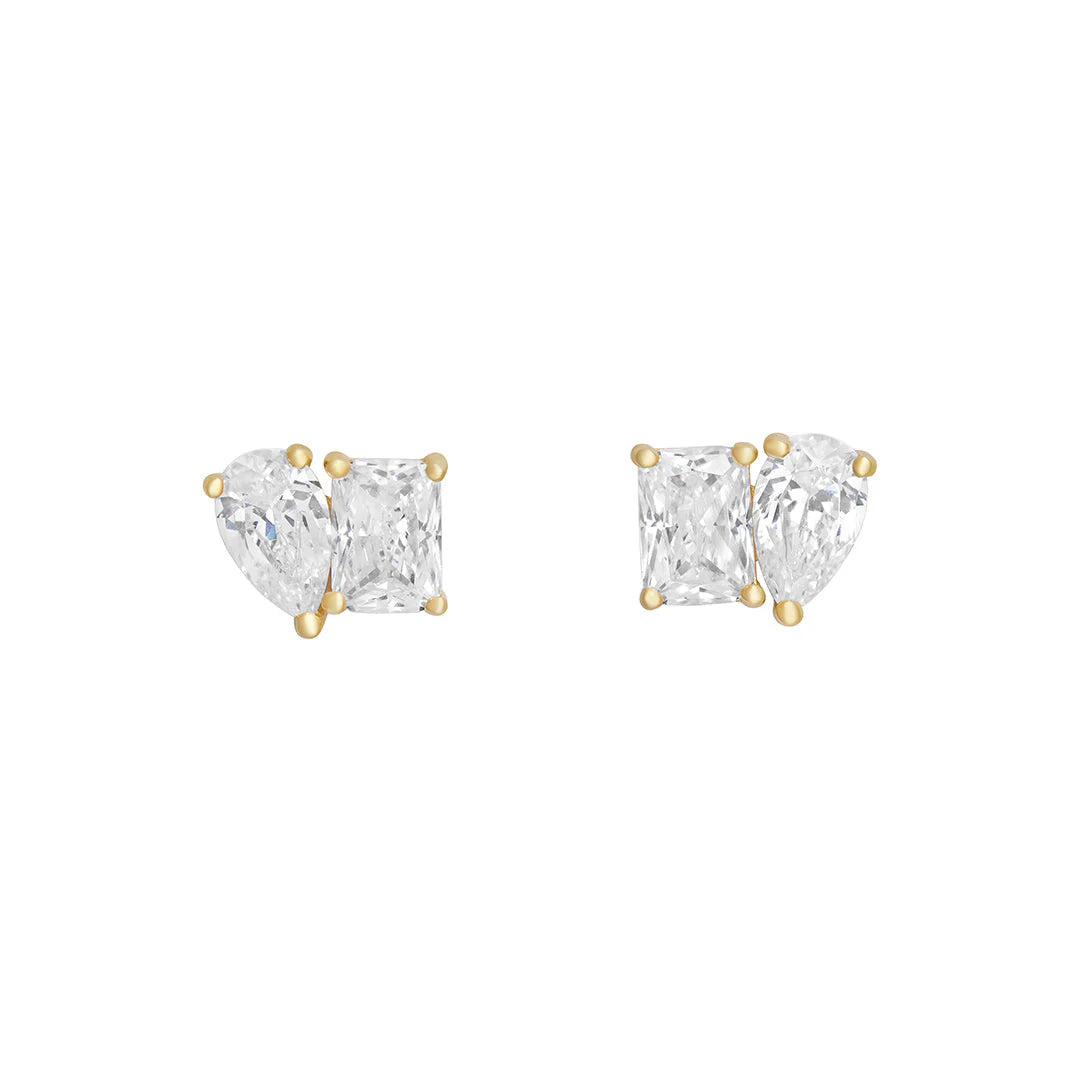 Sterling Silver Yellow Gold Plated Toi et Moi CZ Stud Earrings