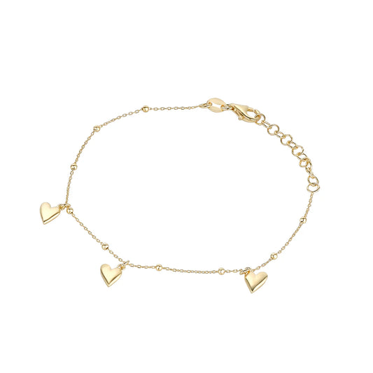 Sterling Silver Yellow Gold Plated Three Heart Bracelet