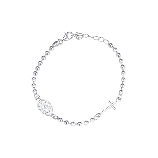 Sterling Silver Miraculous and Cross Ball Chain Bracelet