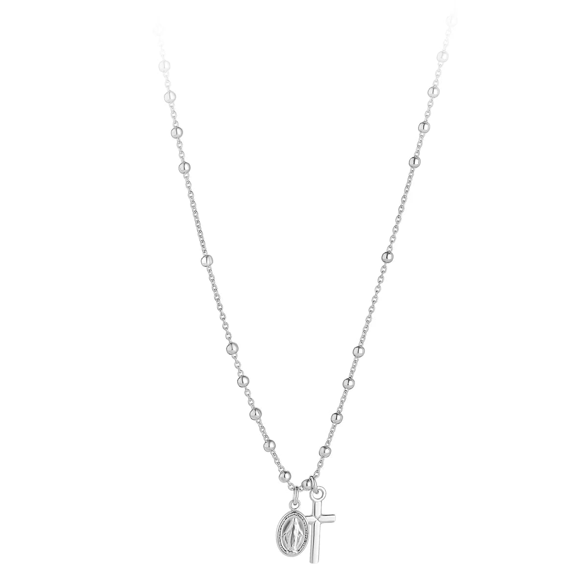 Sterling Silver Miraculous Medal & Cross Beaded Chain Necklace