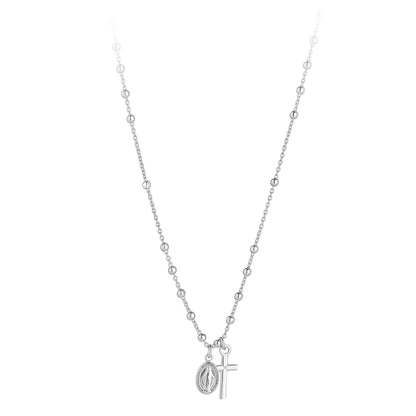 Sterling Silver Miraculous Medal & Cross Beaded Chain Necklace