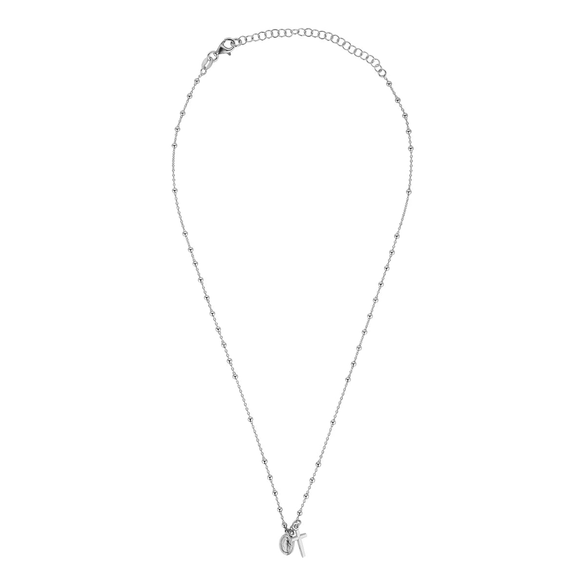 Sterling Silver Miraculous Medal & Cross Beaded Chain Necklace